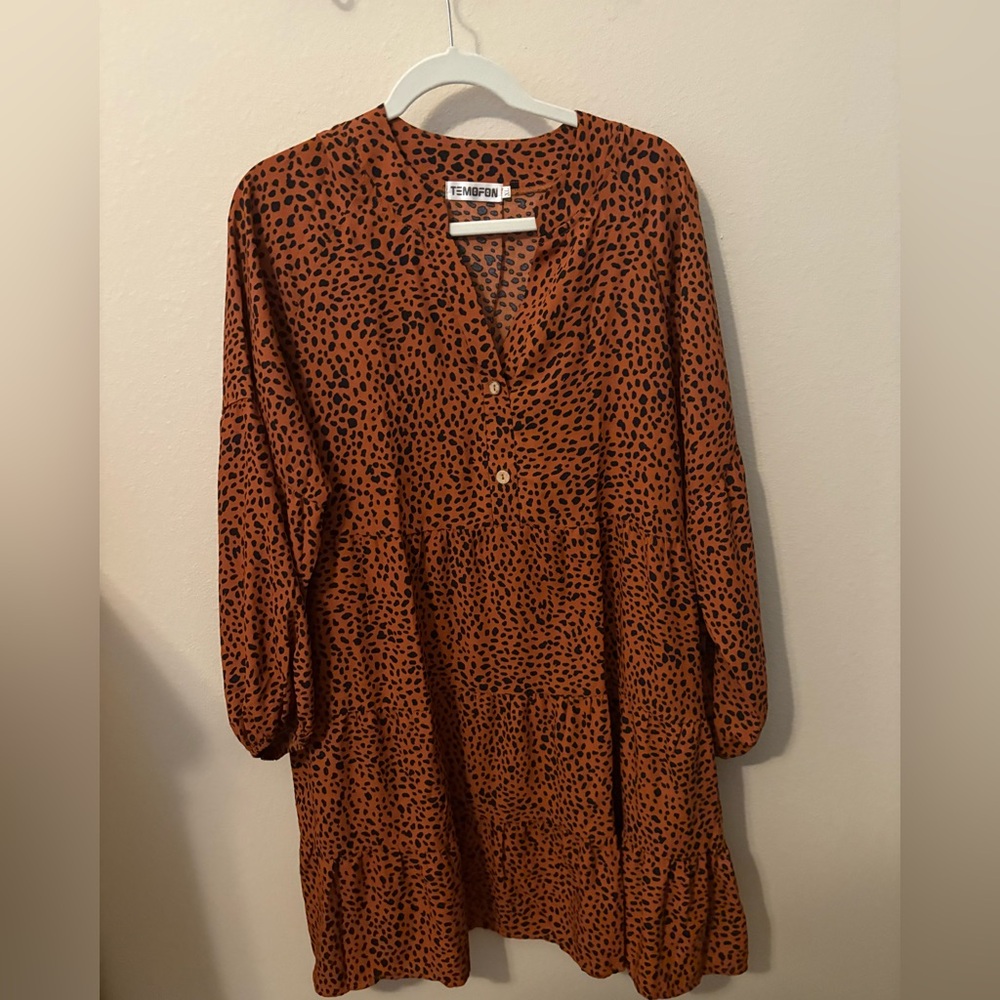 Temofon Long Sleeve Animal Print Dress - Brown